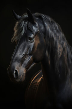 Gorgeous black horse photorealistic portrait. generative art