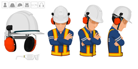 worker with helmet and earmuffs on white background