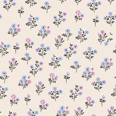 Floral pattern. Beautiful blue and pink flowers with black leaves and stems on a light beige background. Seamless vector texture. Spring bouquet.