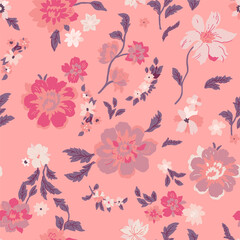 Fototapeta na wymiar Seamless floral pattern with pink and pale pink roses on a pink background, handmade.