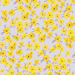 Vector seamless pattern with stylized floral motif, lots of small yellow flowers on a gray background. Hand-drawn little yellow flowers.