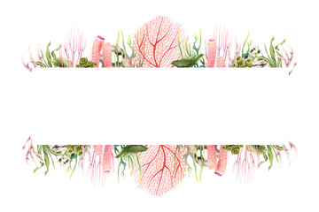 Horizontal banner frame with underwater corals and plants. Hand drawn watercolor illustration isolated on white