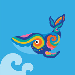 Fototapeta na wymiar Cute bright tribal whale in the ocean. Vector logo design