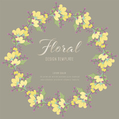 Fresh yellow flowers wreath floral wallpaper template on isolated dark background. Botanical bouquet flower and leaf branch for greeting or wedding anniversary. Vector invitation card concept.