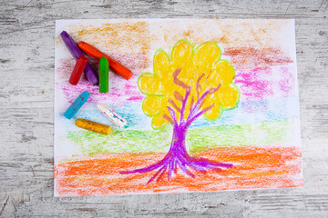 Child hand drawn painted tree picture