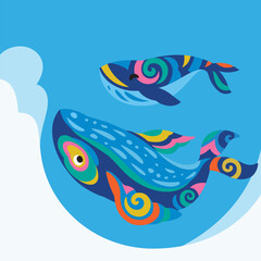 Mother whale with cute baby in the ocean. Vector design in tribal style