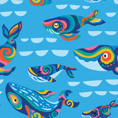 Cute seamless pattern with tribal whales