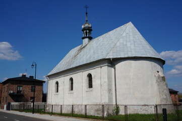 Fototapeta na wymiar Church of Saints Barbara and Valentine (kosciol sw. Barbary i Walentego), one-nave temple was built in 1618. Siewierz, Poland.