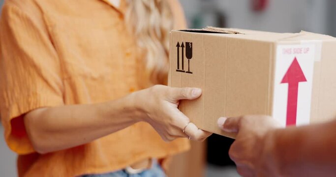 People, hands and box for ecommerce, delivery or parcel in online shopping, package or cargo at front door. Hand delivering cardboard boxes to customer for purchase, logistics or shipping order