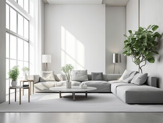 Fototapeta na wymiar wall mockup in a modern and minimalistic living room interior, Generative AI