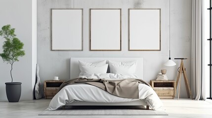 Fototapeta na wymiar gallery frame mockup in a modern and cozy bedroom interior, Generative AI