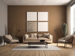 frame mockup in modern living room interior with rustic design, Generative AI