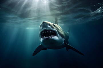 angry shark with sharp teeth swimming underwater, made with generative ai