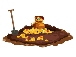 Treasure bag full of treasures, gold coins, Digging Hole in the ground, © hadeev