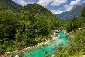 Fototapeta na wymiar Turquoise colored soça river near Kozjak waterfall in Slovenia