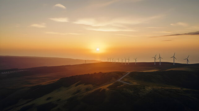 wind turbines on a distant hills from high angle drone shot at sunset with ocean behind, made with generative ai