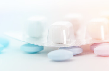Medications closeup, matrix of tablets. Pharmaceutical concept.