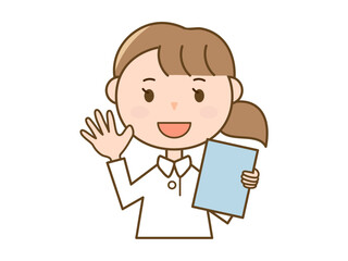 カルテを持って挨拶をする看護師さん_白衣を着た女性のイラスト