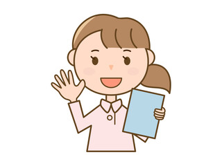 カルテを持って挨拶をする看護師さん_ピンク白衣を着た女性のイラスト