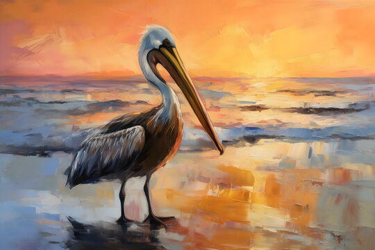 Abstract Impressionist Painting Of Pelican At Beach At Sunset, Made With Generative Ai 