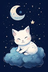 Cat sleeping on a cloud on a starry night