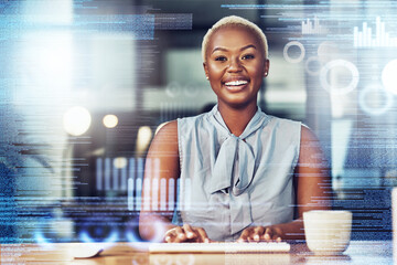 Fototapeta na wymiar Black woman, business and typing with chart overlay in portrait with smile, keyboard and financial analysis. African businesswoman, holographic dashboard and happy with fintech, graph and accounting