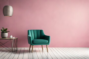 Wall mock up in warm tones with gray armchair on pink wall background.