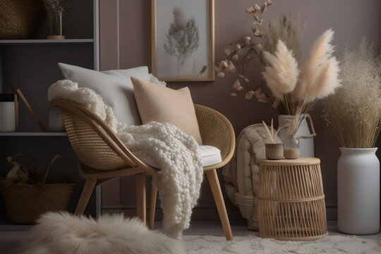 cozy neutral room interior design with chair, sheepskin, rug, pendant light, light through window, photographic background, made with generative ai