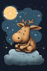 Fototapeta premium Moose sleeping on a cloud on a starry night