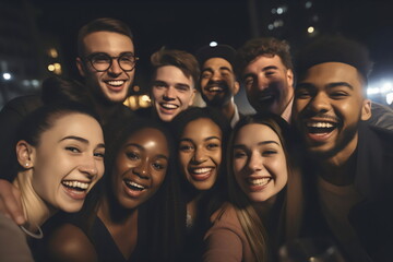 group selfie of diverse people on a night out in the city, made with generative ai