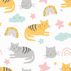cute vector seamless pattern with hand drawn cats in various poses, rainbows, clouds, stars. childish ornament.