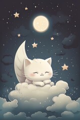 Kitten sleeping on a cloud on a starry night