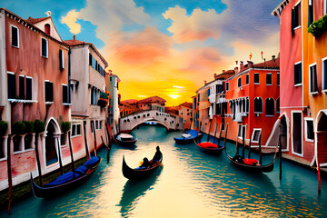 artificial intelligence generated watercolor expressionistic painting image of the city of Venice captured in the golden hour with the essence of gondolas and historic buildings.