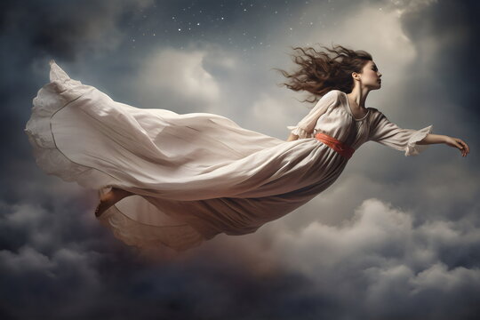floating woman in flowing long dress flying through sky in a dream, made with generative ai