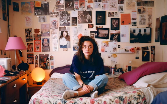 portrait of teen girl in 90s bedroom wearing jeans and tshirt, made with generative ai