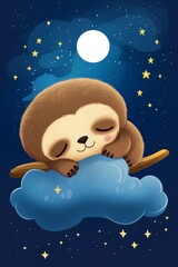 Obraz na płótnie Canvas Sloth sleeping on a cloud on a starry night