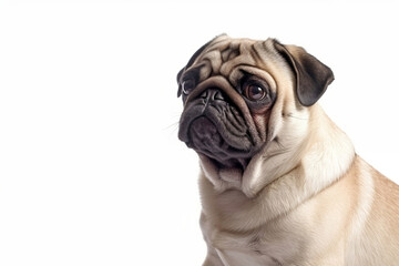 Portrait of pug dog on white background. Generative AI illustration