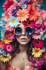 woman's face with flower headpiece and round sunglasses, gaia 60s gerbera daisies, made with generative ai