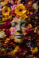 woman's face made from flowers, gaia 60s gerbera daisies, made with generative ai