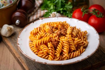 Fusilli pasta, spiral or spirali pasta with tomato, minced sauce - Italian food style