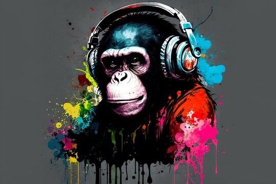Monkey headphones with splah paint art made with Ai generative technology