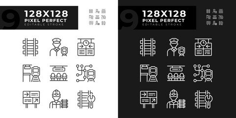 Railroad industry pixel perfect linear icons set for dark, light mode. Railway station. Passenger rail. Rapid transit. Thin line symbols for night, day theme. Isolated illustrations. Editable stroke