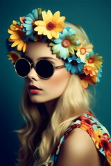 woman's face with flower crown and round sunglasses, gaia 60s gerbera daisies, isolated on teal background, made with generative ai