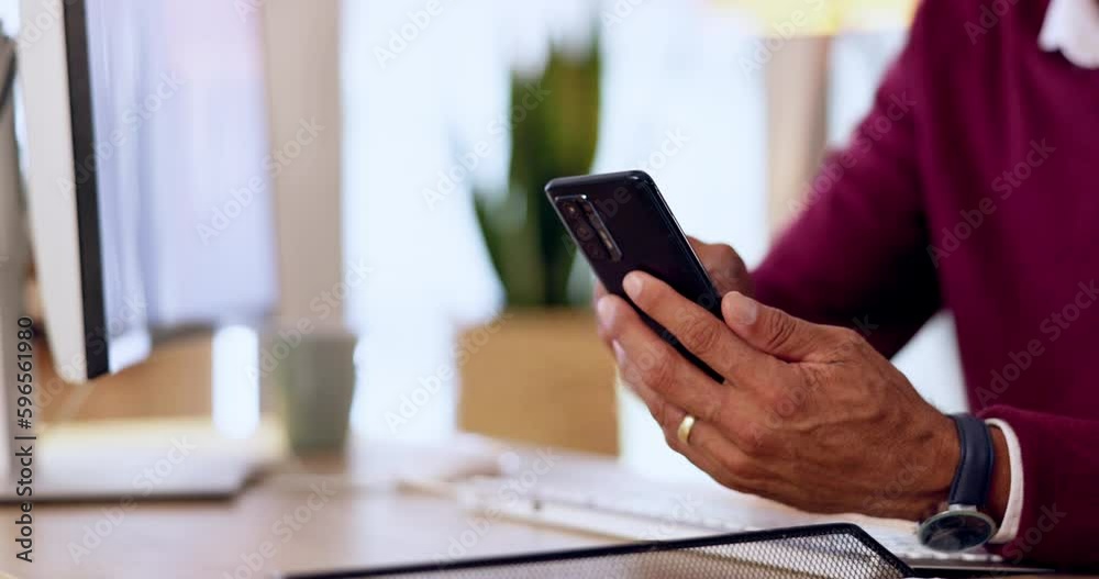 Aufkleber Hands, man typing on smartphone in office and closeup. Internet connection or social networking, communication or technology and businessman texting at work or checking personal emails on cellphone