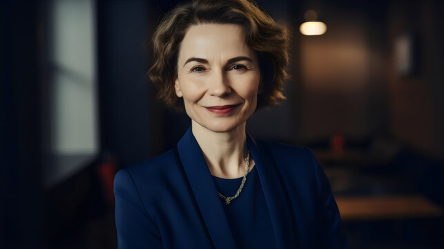 portrait of traditional politician business woman in 50s or 60s at work wearing a blue suit, smiling to camera in office, made with generative ai