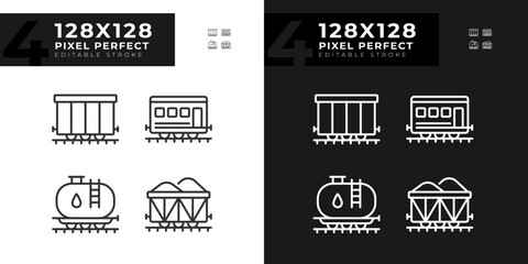 Rail wagon pixel perfect linear icons set for dark, light mode. Train carriage. Freight shipping. Logistic service. Thin line symbols for night, day theme. Isolated illustrations. Editable stroke