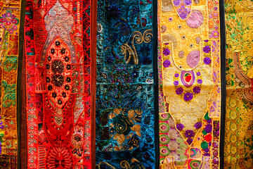 Indian fabric with Indian patterns close up.