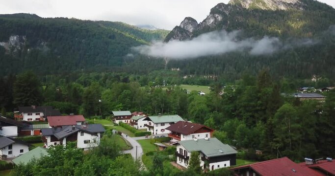 Rising aerial view of Berchtesgaden in Germany's beautiful countryside.