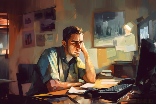 illustration of stressed, overwhelmed man at work with papers and computer, made with generative ai