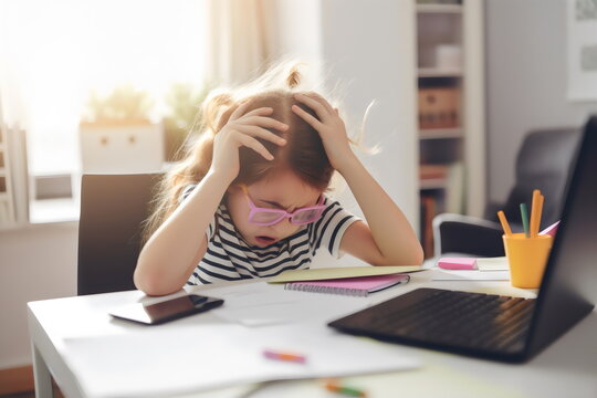 illustration of stressed, overwhelmed girl doing homework with papers and laptop, made with generative ai